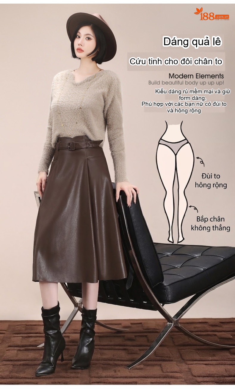 Chân Váy Da Cừu Dáng Chữ A Lưng Cao Dài Đến Bắp Chân Phong Cách Thời Trang Màu Đen, Nâu chi tiết 7