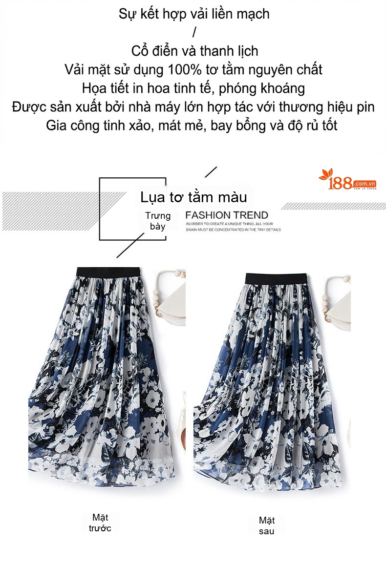 Chân Váy Dài Nữ Lụa Gấm Họa Tiết Hoa Eo Thun Dáng Ôm Màu Trắng, Xanh Navy, Đen chi tiết 3