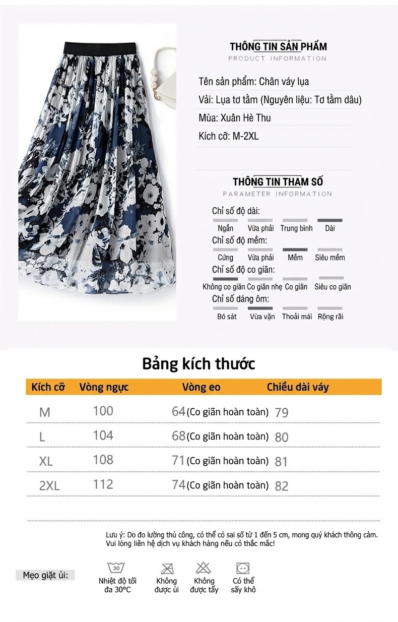 Chân Váy Dài Nữ Lụa Gấm Họa Tiết Hoa Eo Thun Dáng Ôm Màu Trắng, Xanh Navy, Đen chi tiết 5