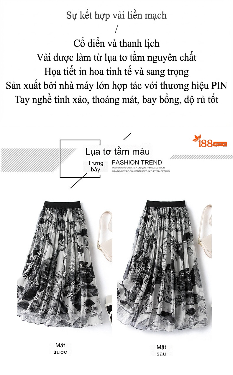 Chân Váy Dài Nữ Lụa In Họa Tiết Eo Chun Dáng Ôm Màu Đen, Trắng chi tiết 3