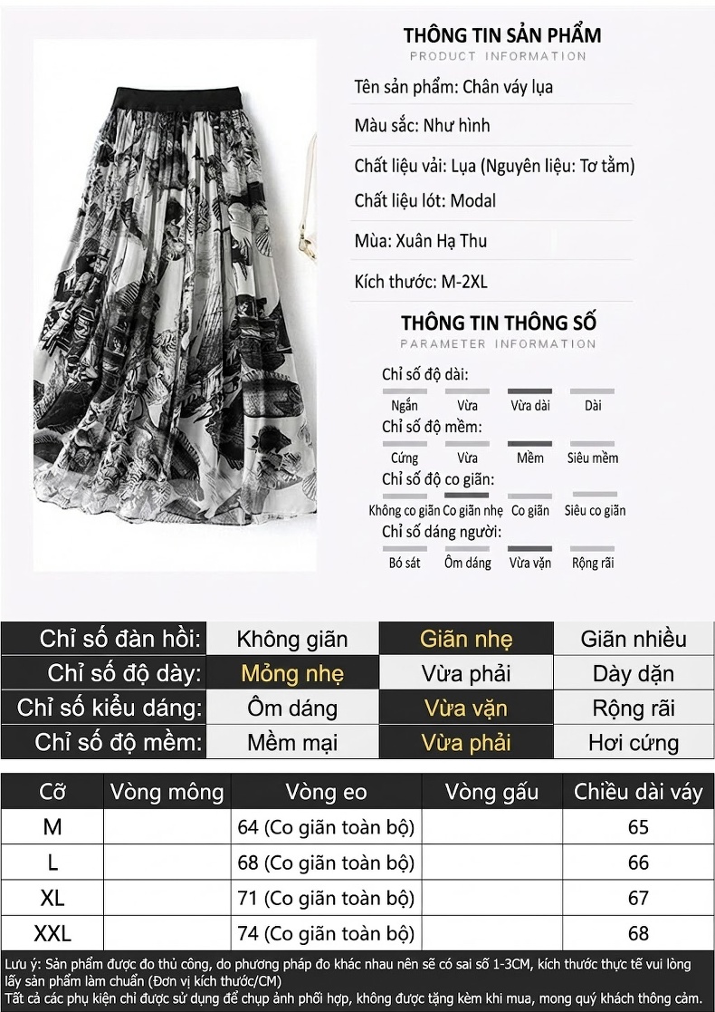 Chân Váy Dài Nữ Lụa In Họa Tiết Eo Chun Dáng Ôm Màu Đen, Trắng chi tiết 5