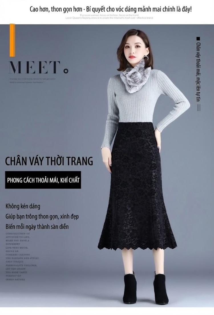 Chân Váy Đuôi Cá Nữ Nhung Gân Ren Eo Cao Dáng Ôm Thanh Lịch Màu Đen, Xanh chi tiết 1