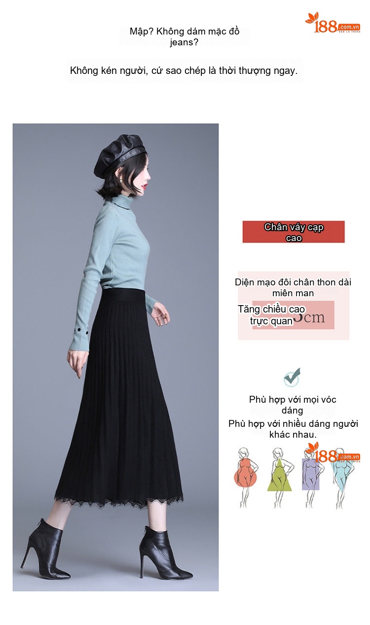 Chân Váy Len Dáng Xòe Phối Ren Phong Cách Hàn Quốc Màu Đen chi tiết 4