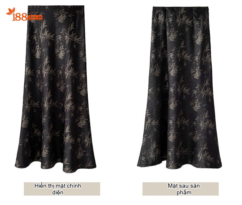 Chân Váy Lụa Satin Nữ In Họa Tiết Tre, dáng chữ A, Cạp Cao Màu Vàng, Đen chi tiết 6