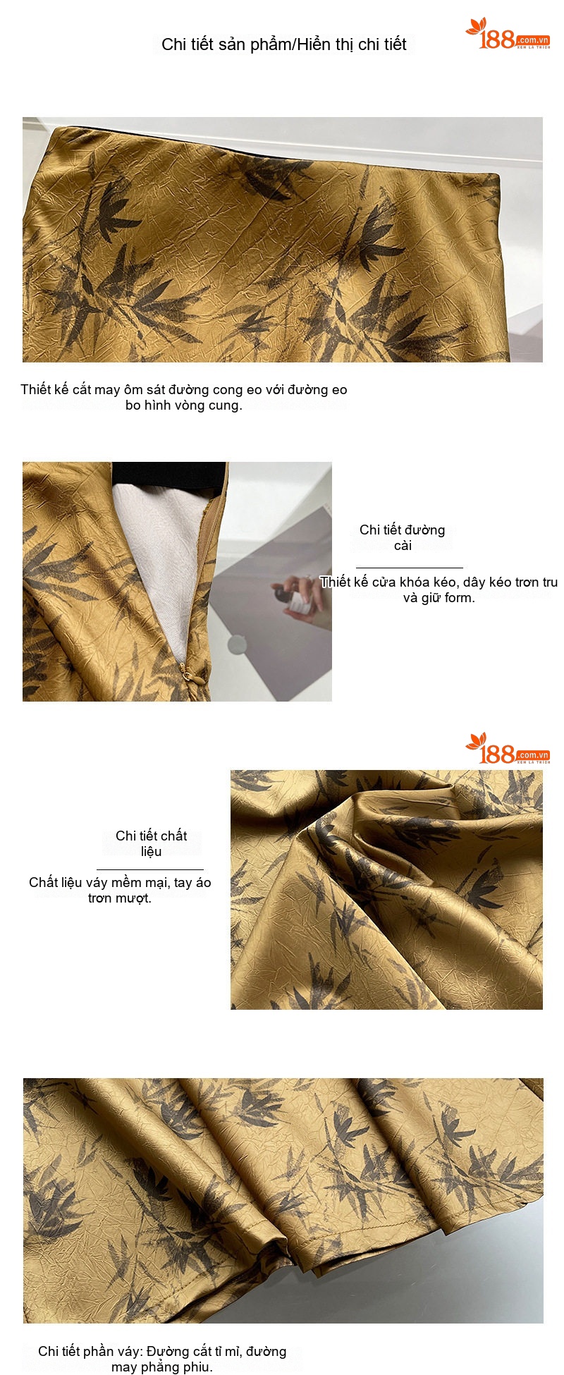 Chân Váy Lụa Satin Nữ In Họa Tiết Tre, dáng chữ A, Cạp Cao Màu Vàng, Đen chi tiết 4