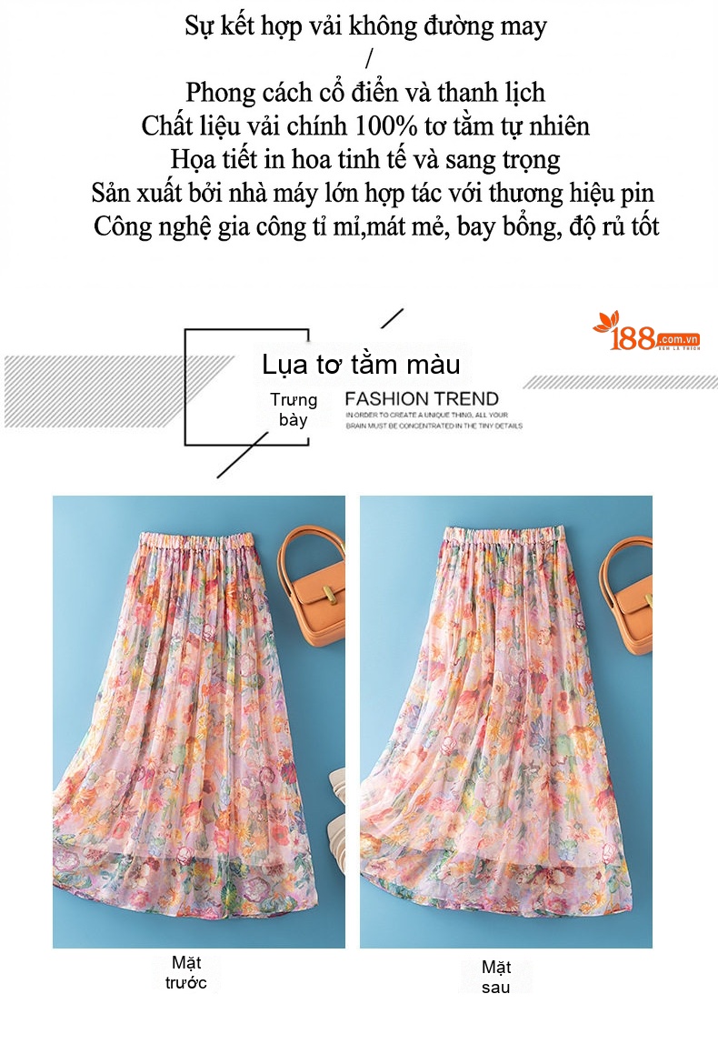 Chân Váy Lụa Tằm A Line Cạp Cao Họa Tiết Bohemian Thon Gọn Màu Hồng, Cam, Vàng, Xanh... chi tiết 3