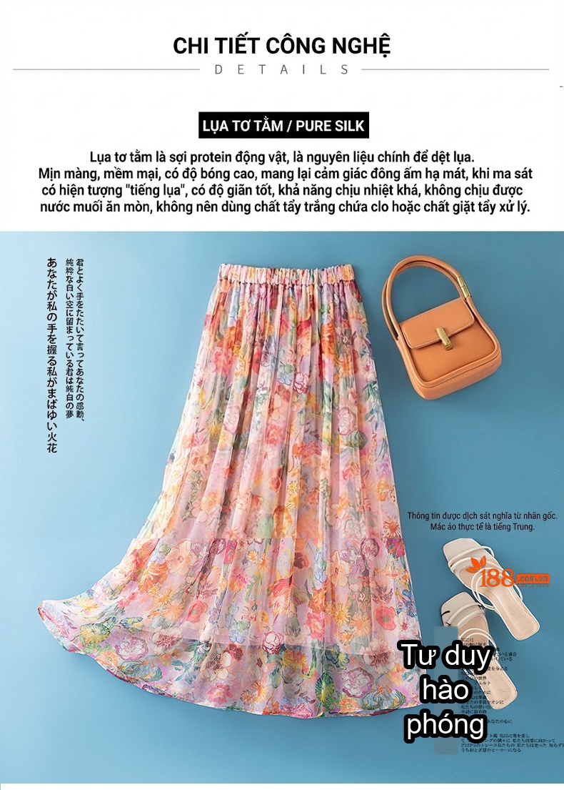 Chân Váy Lụa Tằm A Line Cạp Cao Họa Tiết Bohemian Thon Gọn Màu Hồng, Cam, Vàng, Xanh... chi tiết 6
