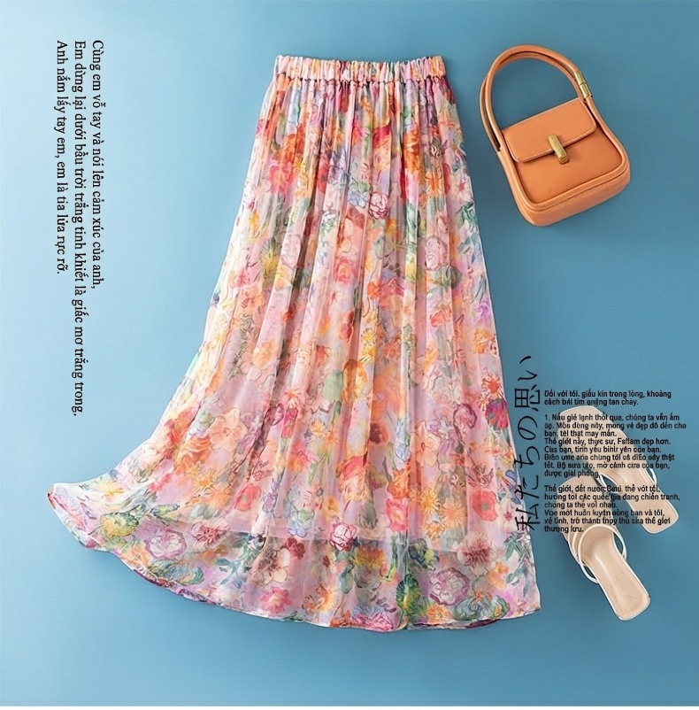 Chân Váy Lụa Tằm A Line Cạp Cao Họa Tiết Bohemian Thon Gọn Màu Hồng, Cam, Vàng, Xanh...