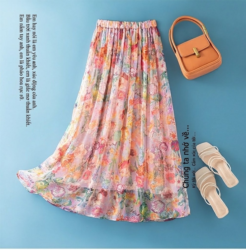 Chân Váy Lụa Tằm A Line Cạp Cao Họa Tiết Bohemian Thon Gọn Màu Hồng, Cam, Vàng, Xanh... chi tiết 1