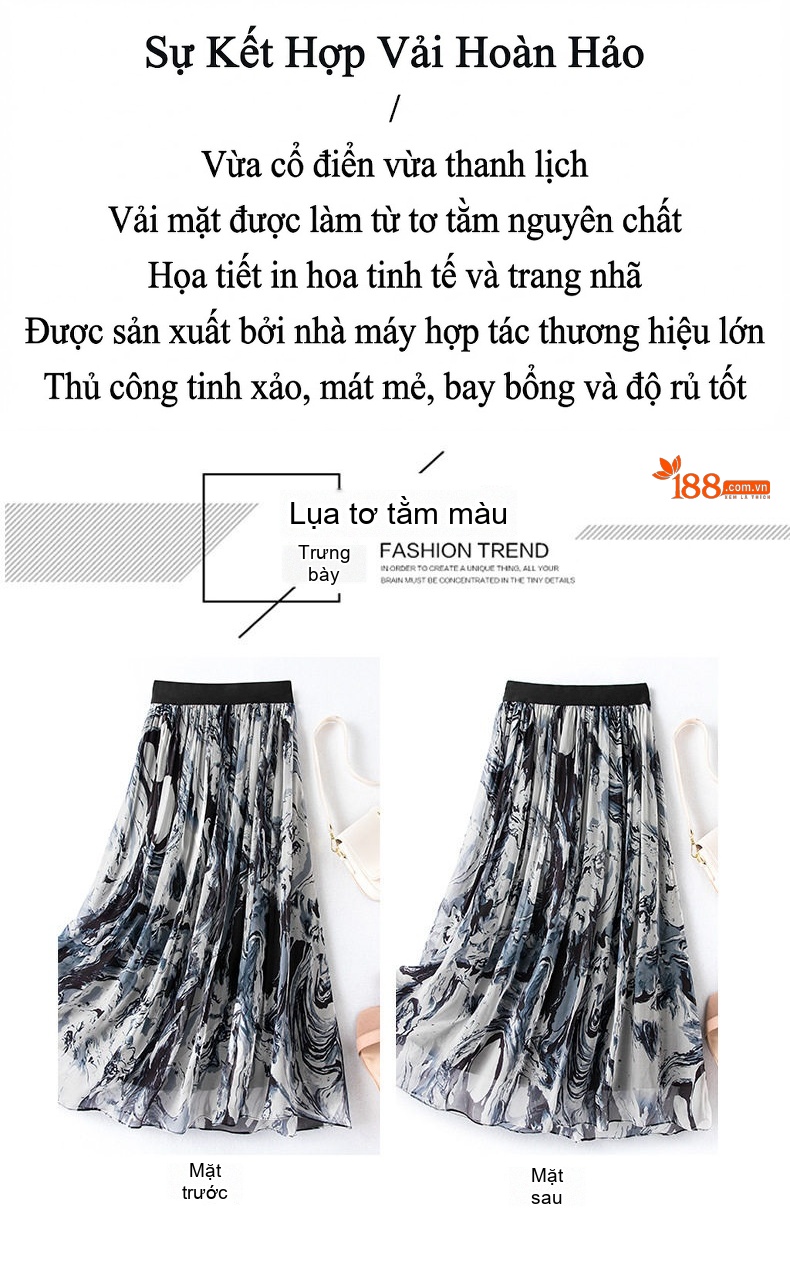 Chân Váy Lụa Tằm In Hoa Eo Chun Dáng Dài Xòe Màu Trắng, Xám, Đen chi tiết 3