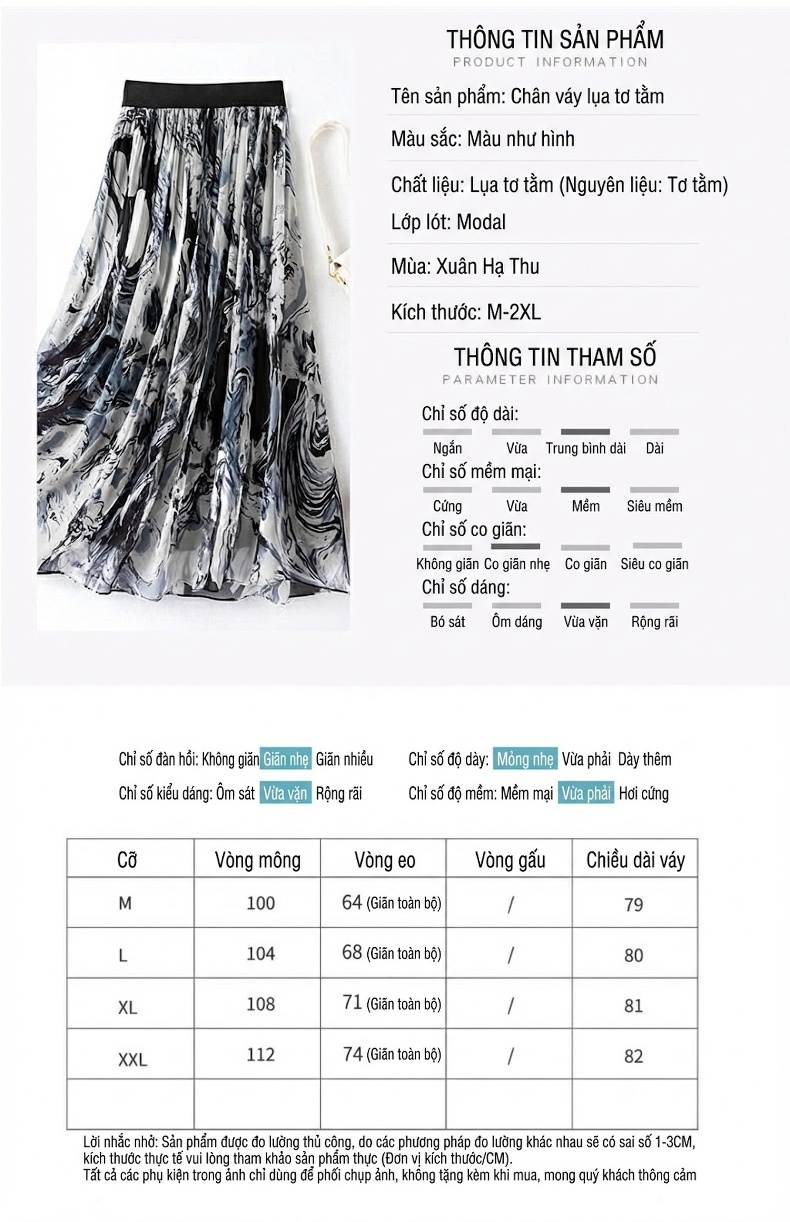 Chân Váy Lụa Tằm In Hoa Eo Chun Dáng Dài Xòe Màu Trắng, Xám, Đen chi tiết 5