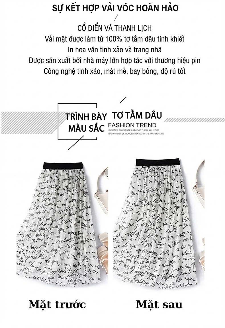 Chân Váy Lụa Thật Dáng Dài Họa Tiết Eo Thun Nữ Màu Trắng, Đen chi tiết 3