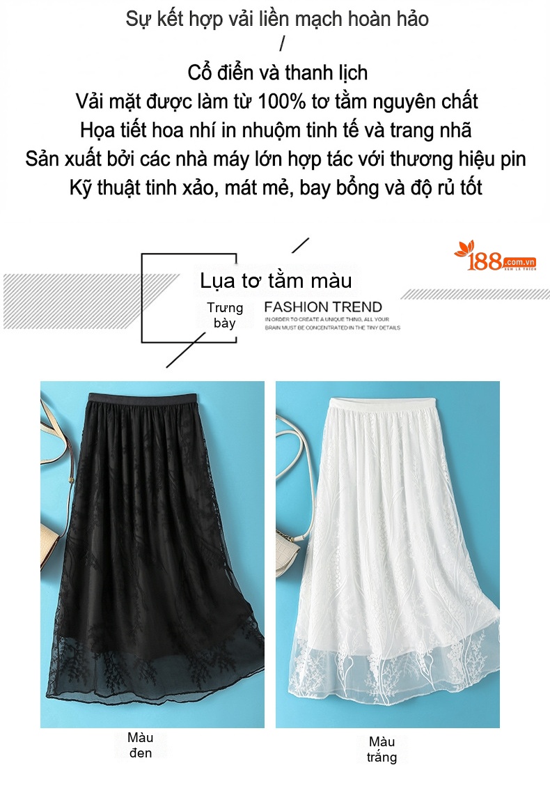 Chân Váy Lụa Tơ Tằm Thêu Tay Pháp Eo Chun Co Giãn Phong Cách Tiểu Thư Màu Đen, Trắng chi tiết 3