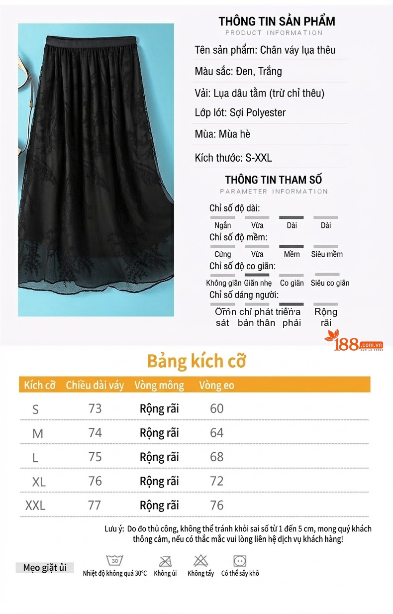 Chân Váy Lụa Tơ Tằm Thêu Tay Pháp Eo Chun Co Giãn Phong Cách Tiểu Thư Màu Đen, Trắng chi tiết 5