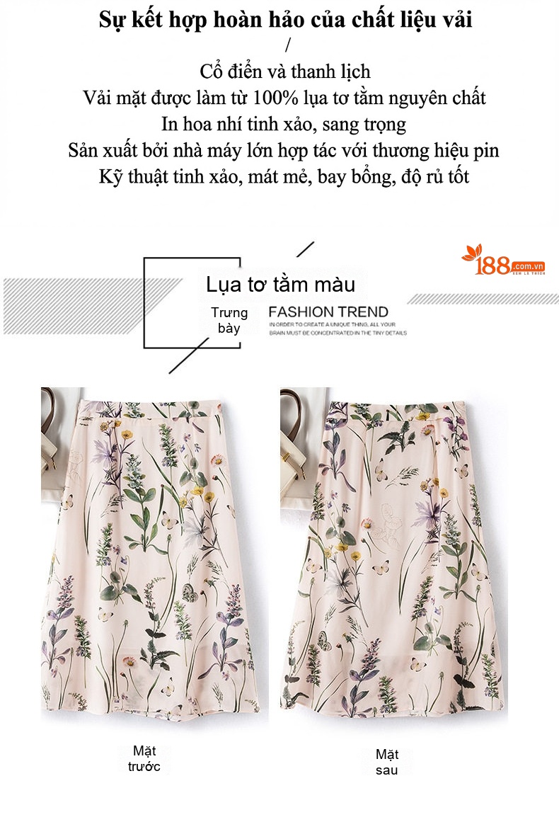 Chân Váy Lụa Twill Nữ Cạp Cao Ôm Hông Họa Tiết In Mực Nước Cổ Điển Màu Be, Tím, Vàng, Xanh Lá chi tiết 3