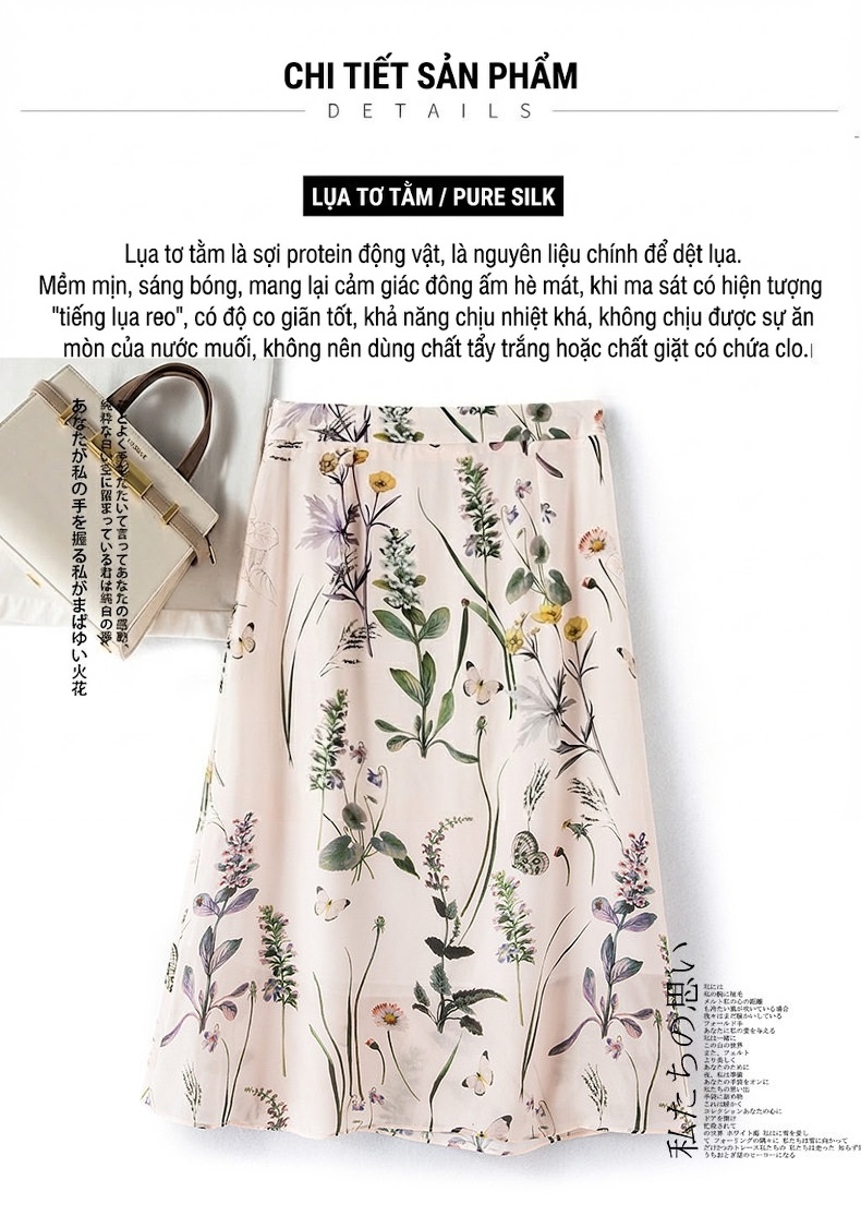 Chân Váy Lụa Twill Nữ Cạp Cao Ôm Hông Họa Tiết In Mực Nước Cổ Điển Màu Be, Tím, Vàng, Xanh Lá chi tiết 6