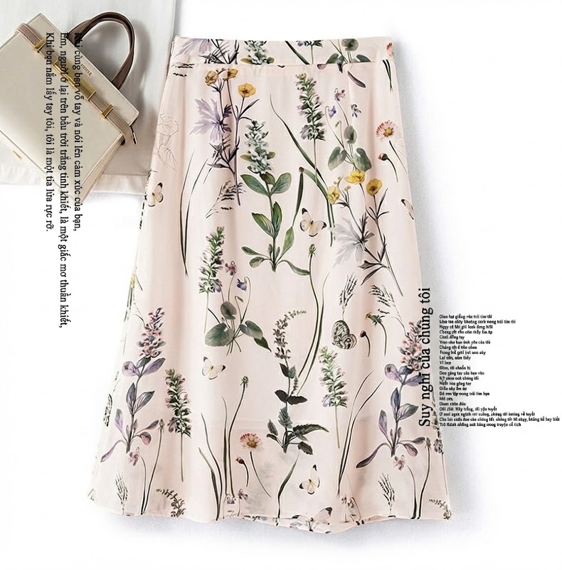 Chân Váy Lụa Twill Nữ Cạp Cao Ôm Hông Họa Tiết In Mực Nước Cổ Điển Màu Be, Tím, Vàng, Xanh Lá chi tiết 1
