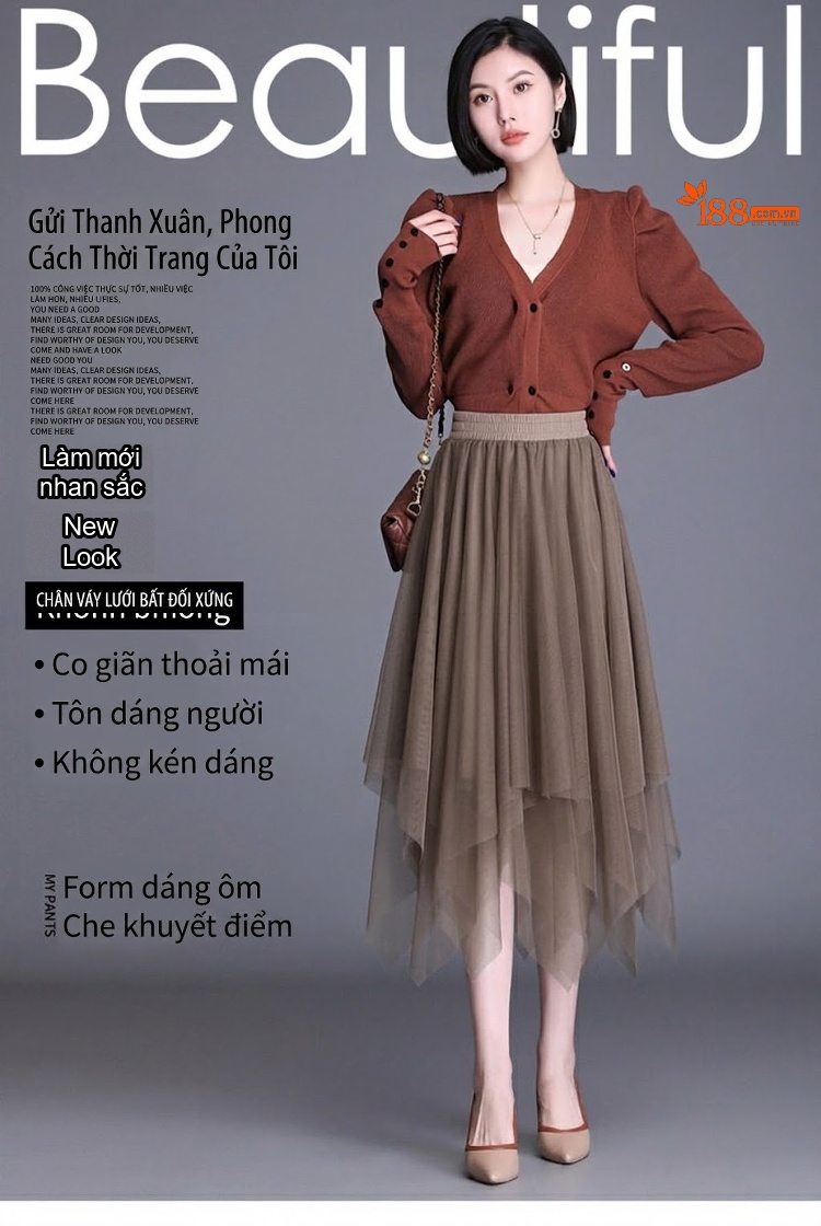 Chân Váy Lưới Nữ Lưng Cao dáng chữ A Xòe Lớn Bất Đối Xứng Màu Nâu, Đen, Trắng Kem chi tiết 1