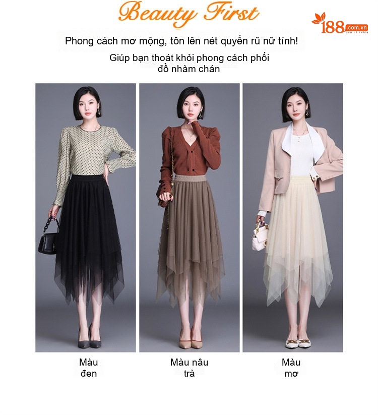 Chân Váy Lưới Nữ Lưng Cao dáng chữ A Xòe Lớn Bất Đối Xứng Màu Nâu, Đen, Trắng Kem chi tiết 8