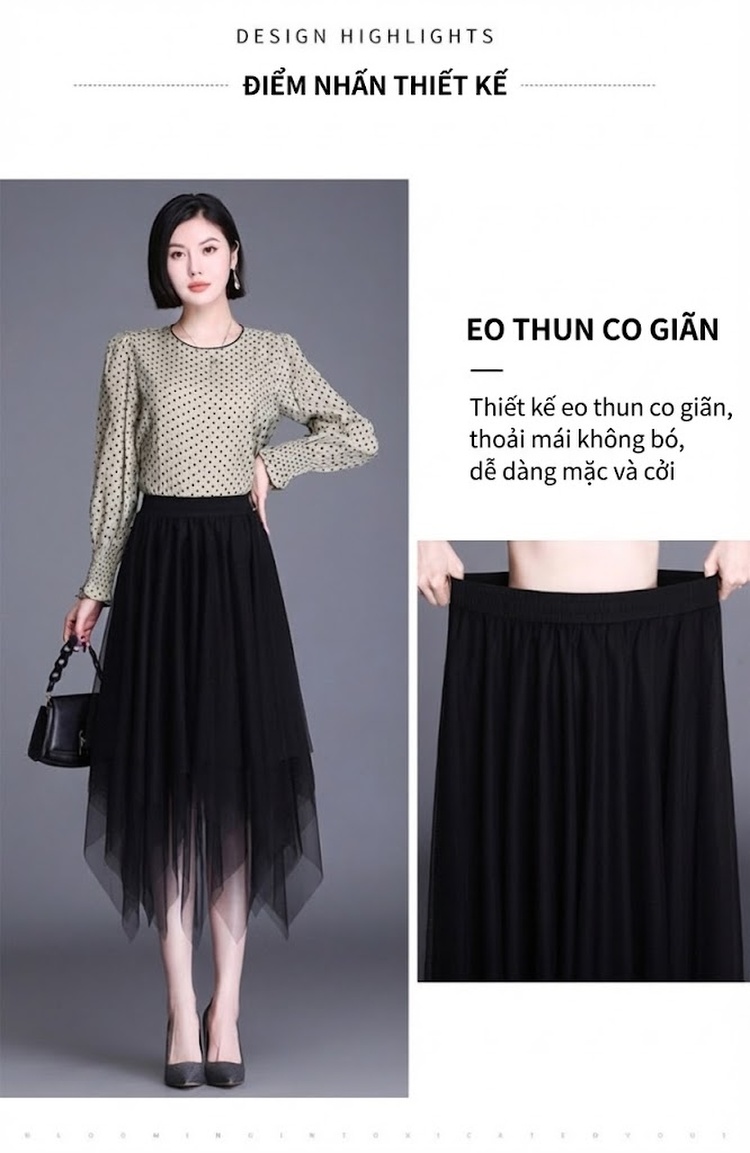 Chân Váy Lưới Nữ Lưng Cao dáng chữ A Xòe Lớn Bất Đối Xứng Màu Nâu, Đen, Trắng Kem chi tiết 4