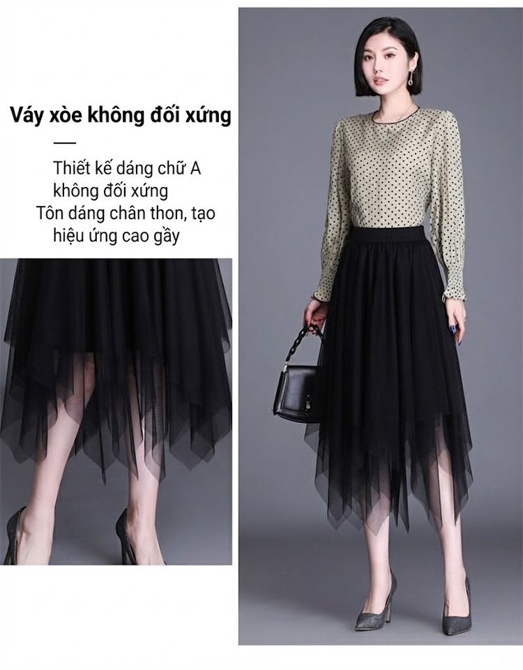 Chân Váy Lưới Nữ Lưng Cao dáng chữ A Xòe Lớn Bất Đối Xứng Màu Nâu, Đen, Trắng Kem chi tiết 5