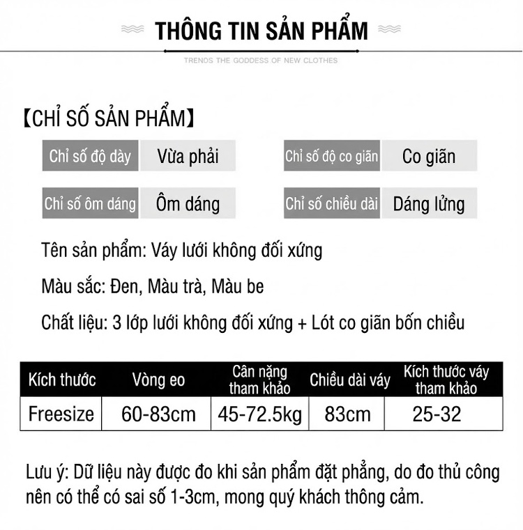 Chân Váy Lưới Nữ Lưng Cao dáng chữ A Xòe Lớn Bất Đối Xứng Màu Nâu, Đen, Trắng Kem chi tiết 7