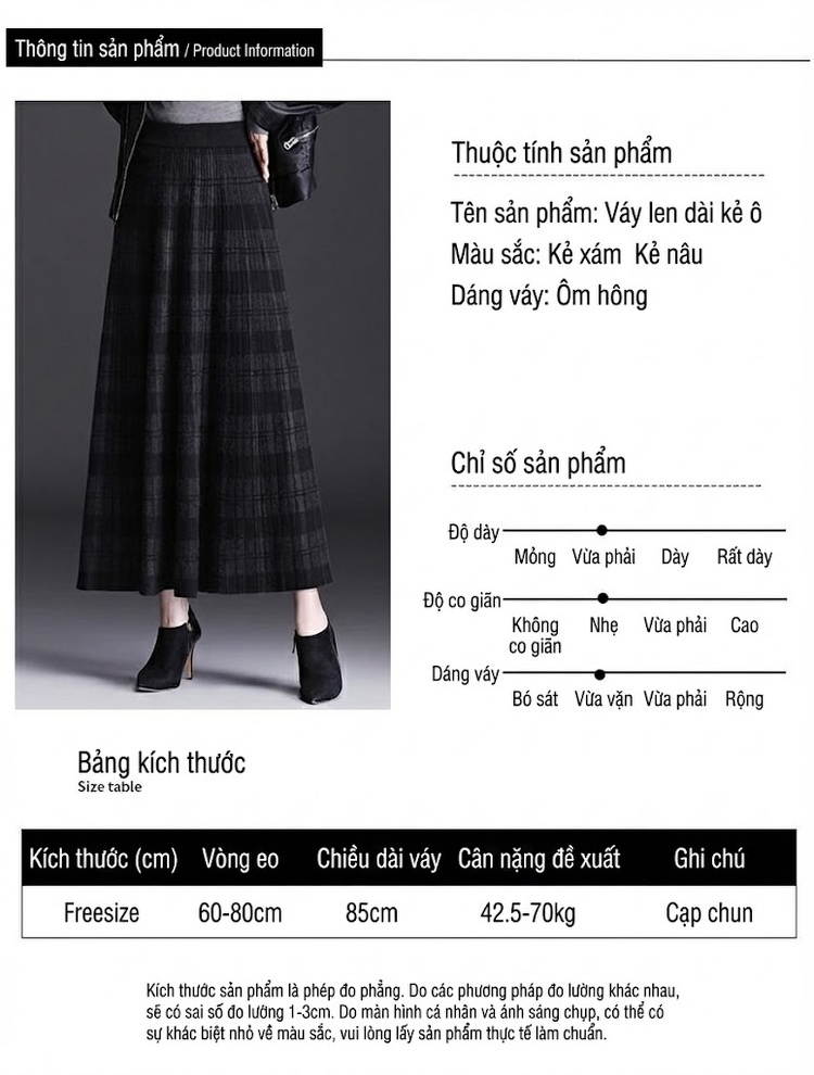 Chân Váy Midi Dệt Kim Caro Lưng Cao Chữ A Phong Cách Hàn Quốc Màu Đen, Nâu chi tiết 8