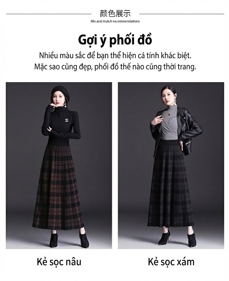 Chân Váy Midi Dệt Kim Caro Lưng Cao Chữ A Phong Cách Hàn Quốc Màu Đen, Nâu chi tiết 9