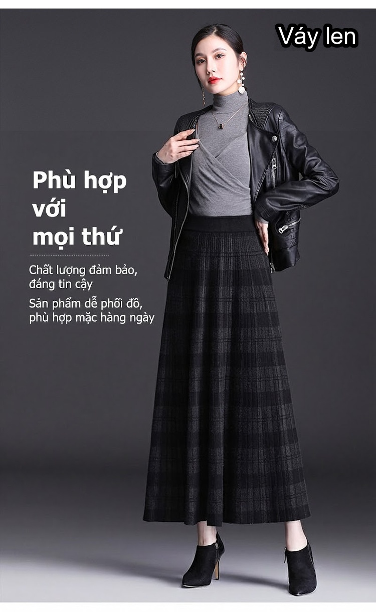Chân Váy Midi Dệt Kim Caro Lưng Cao Chữ A Phong Cách Hàn Quốc Màu Đen, Nâu chi tiết 1