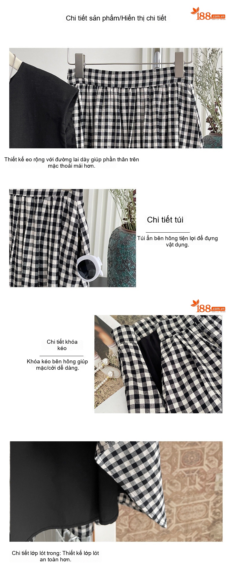 Chân Váy Midi Nữ Caro Đen Trắng Lưng Cao Dáng Chữ A chi tiết 12