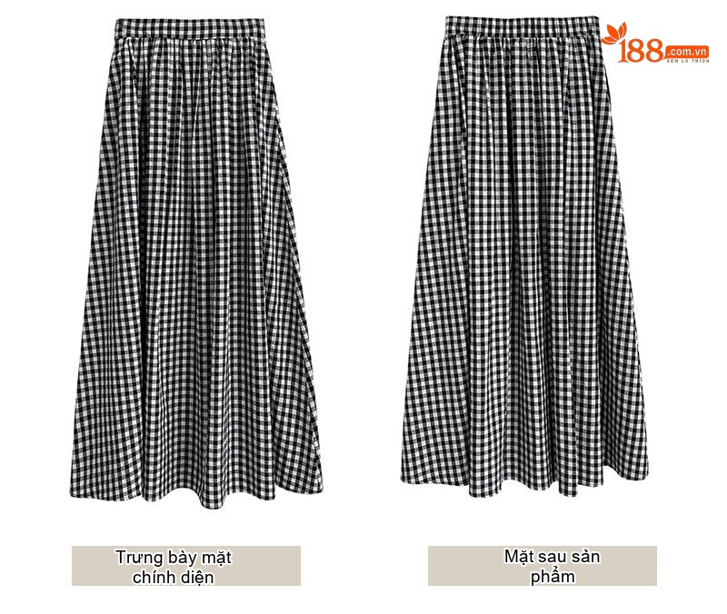 Chân Váy Midi Nữ Caro Đen Trắng Lưng Cao Dáng Chữ A chi tiết 14