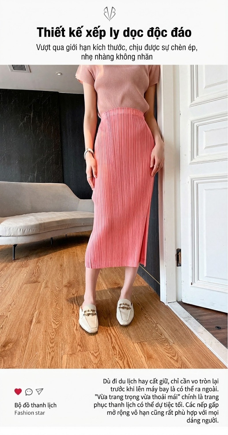 Chân Váy Midi Xếp Ly Thiết Kế Xẻ Tà Phong Cách Casual Màu Xanh, Trắng, Hồng, Vàng... chi tiết 1