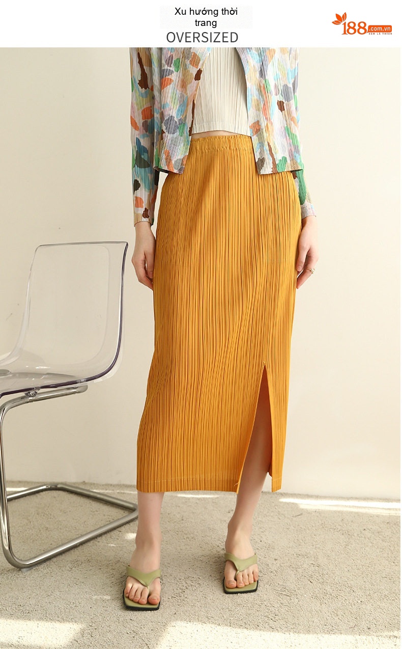 Chân Váy Midi Xếp Ly Thiết Kế Xẻ Tà Phong Cách Casual Màu Xanh, Trắng, Hồng, Vàng... chi tiết 2