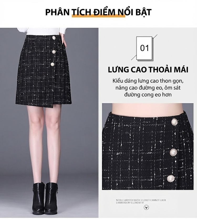 Chân Váy Ngắn Chữ A Lưng Cao Họa Tiết Kẻ Ô Bất Đối Xứng Màu Đen chi tiết 4