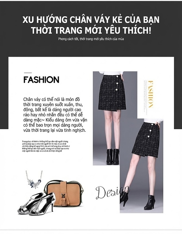 Chân Váy Ngắn Chữ A Lưng Cao Họa Tiết Kẻ Ô Bất Đối Xứng Màu Đen chi tiết 2