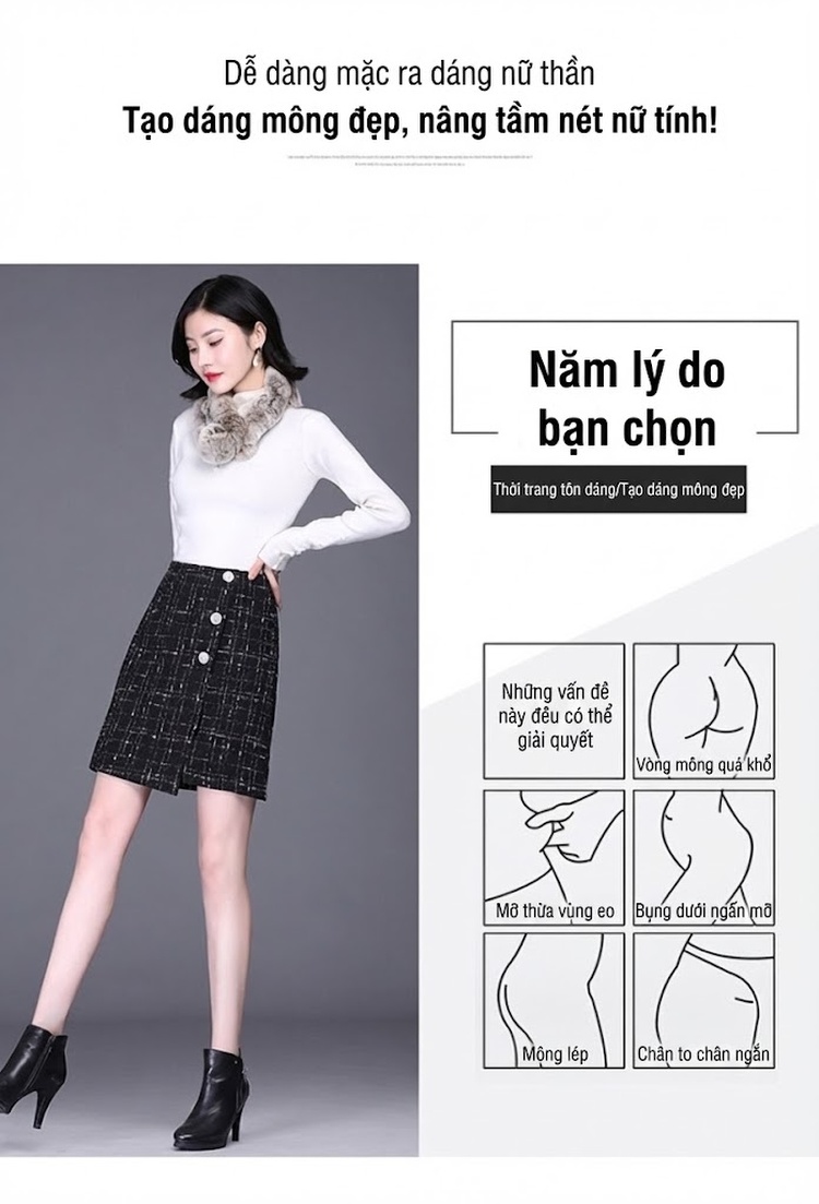 Chân Váy Ngắn Chữ A Lưng Cao Họa Tiết Kẻ Ô Bất Đối Xứng Màu Đen chi tiết 3