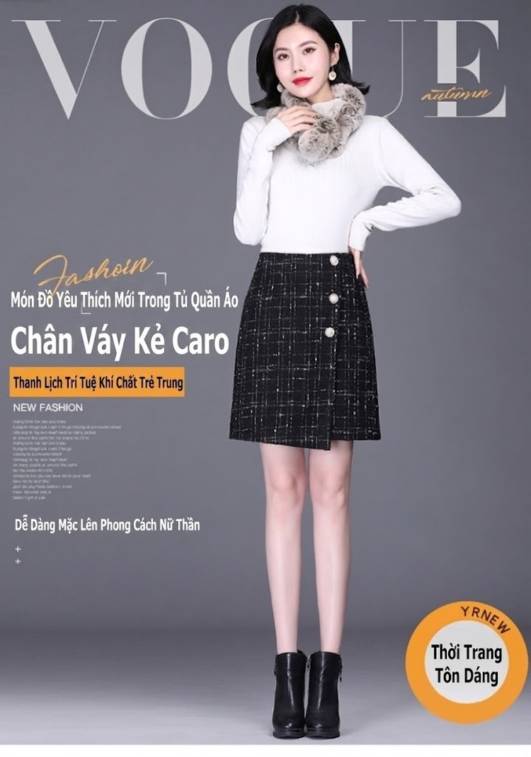 Chân Váy Ngắn Chữ A Lưng Cao Họa Tiết Kẻ Ô Bất Đối Xứng Màu Đen chi tiết 1