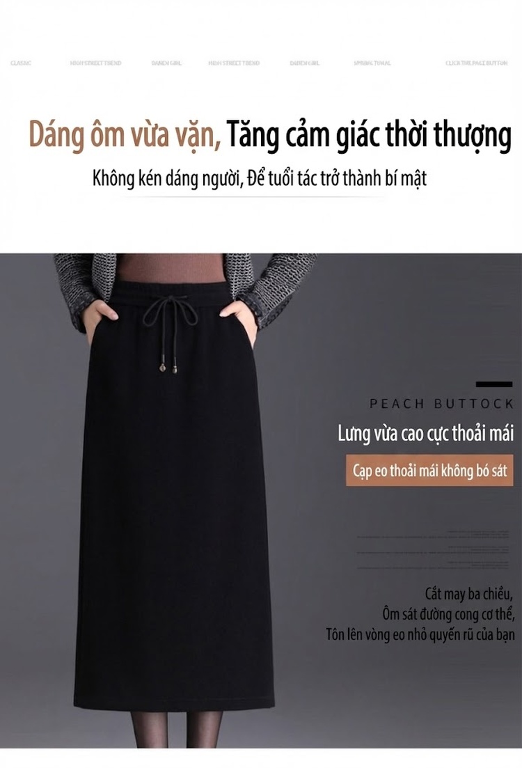 Chân Váy Nhung Tăm Dáng Chữ A Cạp Cao Dáng Ôm Thanh Lịch Màu Đen chi tiết 4