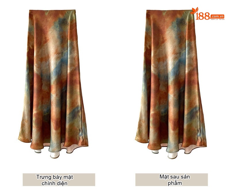 Chân Váy Nữ dáng chữ A Midi Lụa Hoạ Tiết Loang Màu Xanh, Nâu chi tiết 6