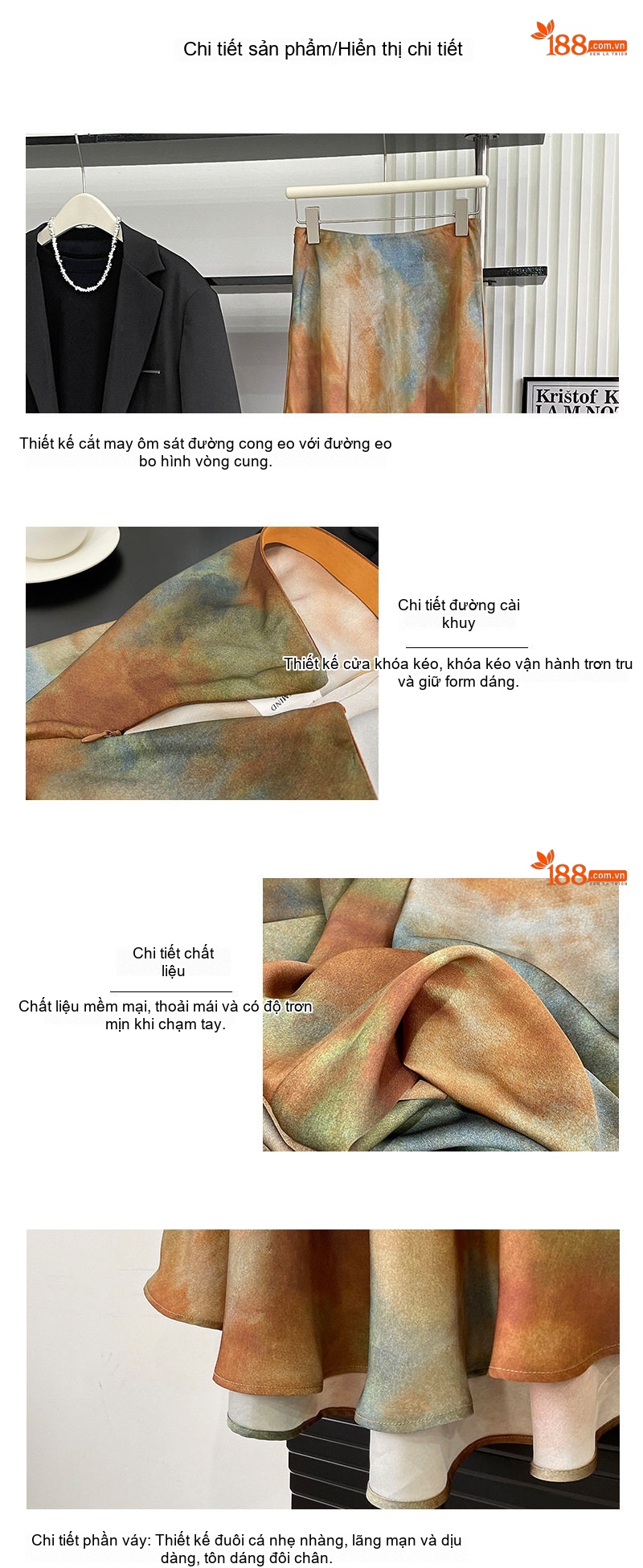 Chân Váy Nữ dáng chữ A Midi Lụa Hoạ Tiết Loang Màu Xanh, Nâu chi tiết 4