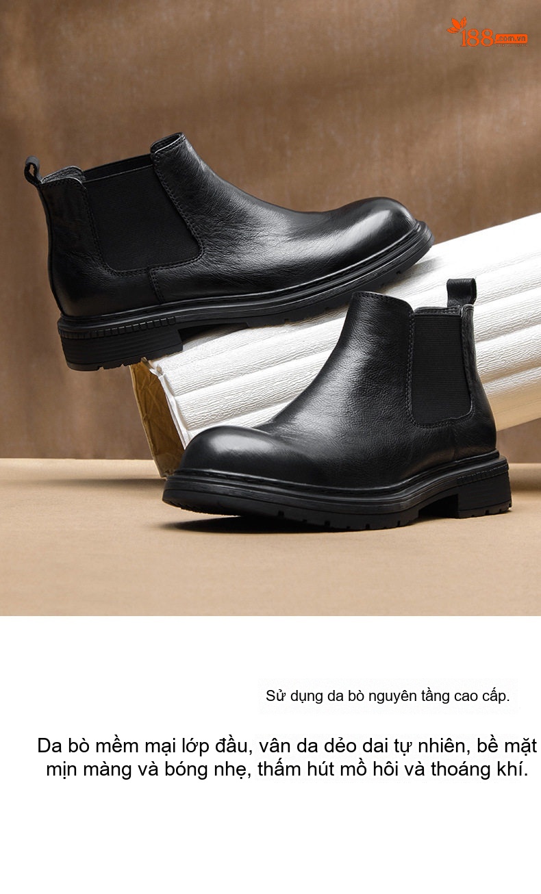 Chelsea Boots Nam Da Bò Mềm Mại Đế Dày Phong Cách Anh Quốc Chiều Cao Đế Khoảng 4cm Màu Đen, Nâu chi tiết 4