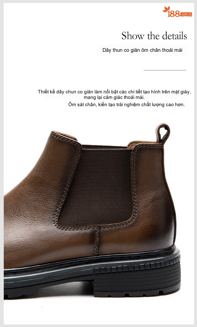Chelsea Boots Nam Da Bò Mềm Mại Đế Dày Phong Cách Anh Quốc Chiều Cao Đế Khoảng 4cm Màu Đen, Nâu chi tiết 10