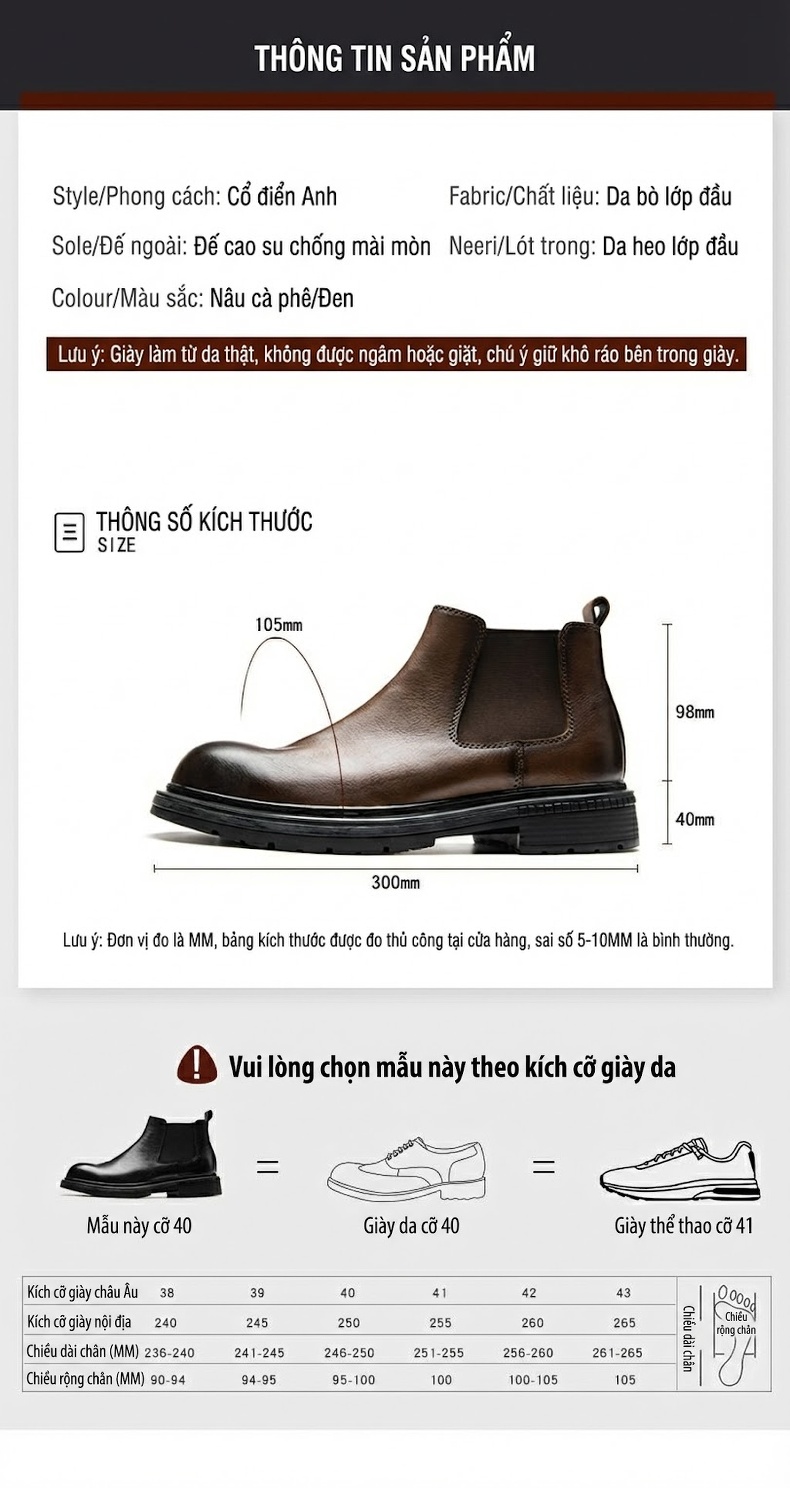 Chelsea Boots Nam Da Bò Mềm Mại Đế Dày Phong Cách Anh Quốc Chiều Cao Đế Khoảng 4cm Màu Đen, Nâu chi tiết 7