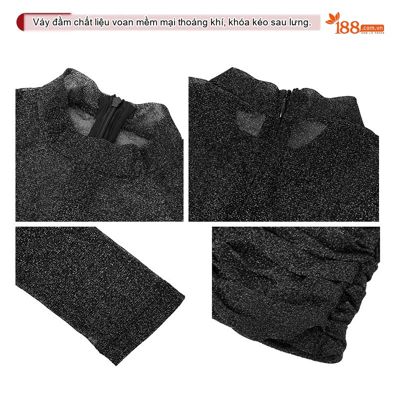 Đầm Body Nữ Ôm Sát Vải Lưới Mỏng Lấp Lánh Thiết Kế Xếp Ly Màu Đen chi tiết 3