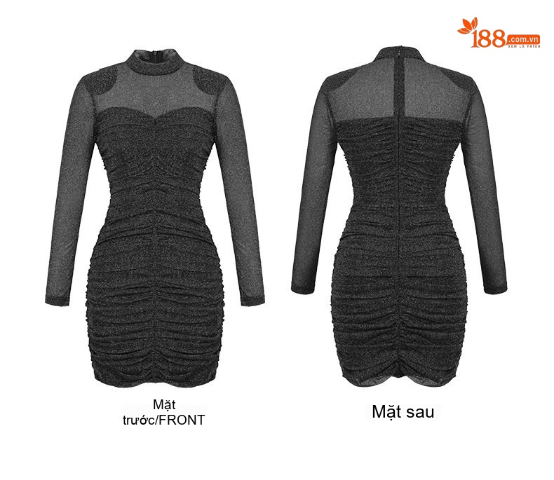 Đầm Body Nữ Ôm Sát Vải Lưới Mỏng Lấp Lánh Thiết Kế Xếp Ly Màu Đen chi tiết 4