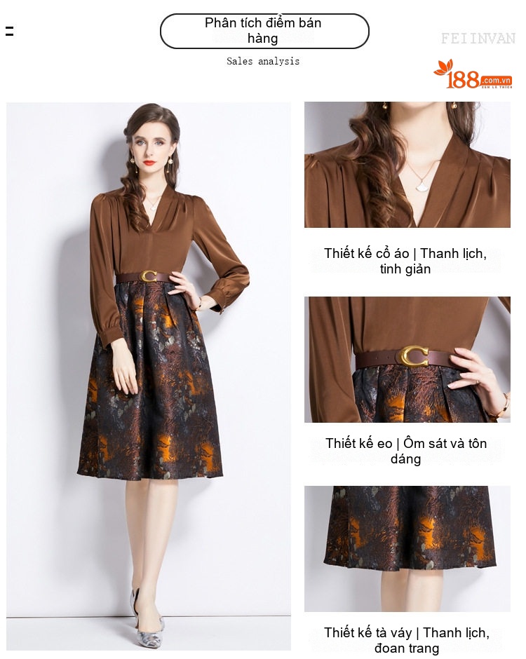 Đầm chữ A Nữ Cổ chữ V Pối Tạp Họa Tiết Thu Đông Dáng Ôm chi tiết 2