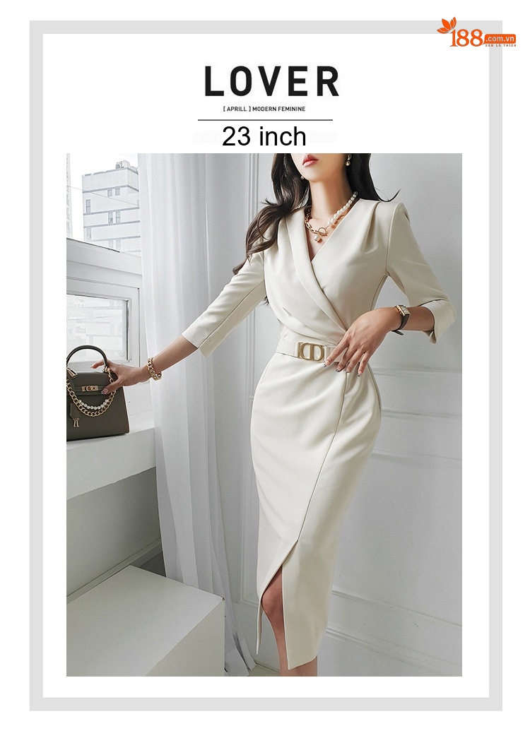 Đầm Công Sở Nữ Cổ chữ V Vạt Chéo Xẻ Tà Tay Lỡ Dáng Ôm Màu Trắng chi tiết 1