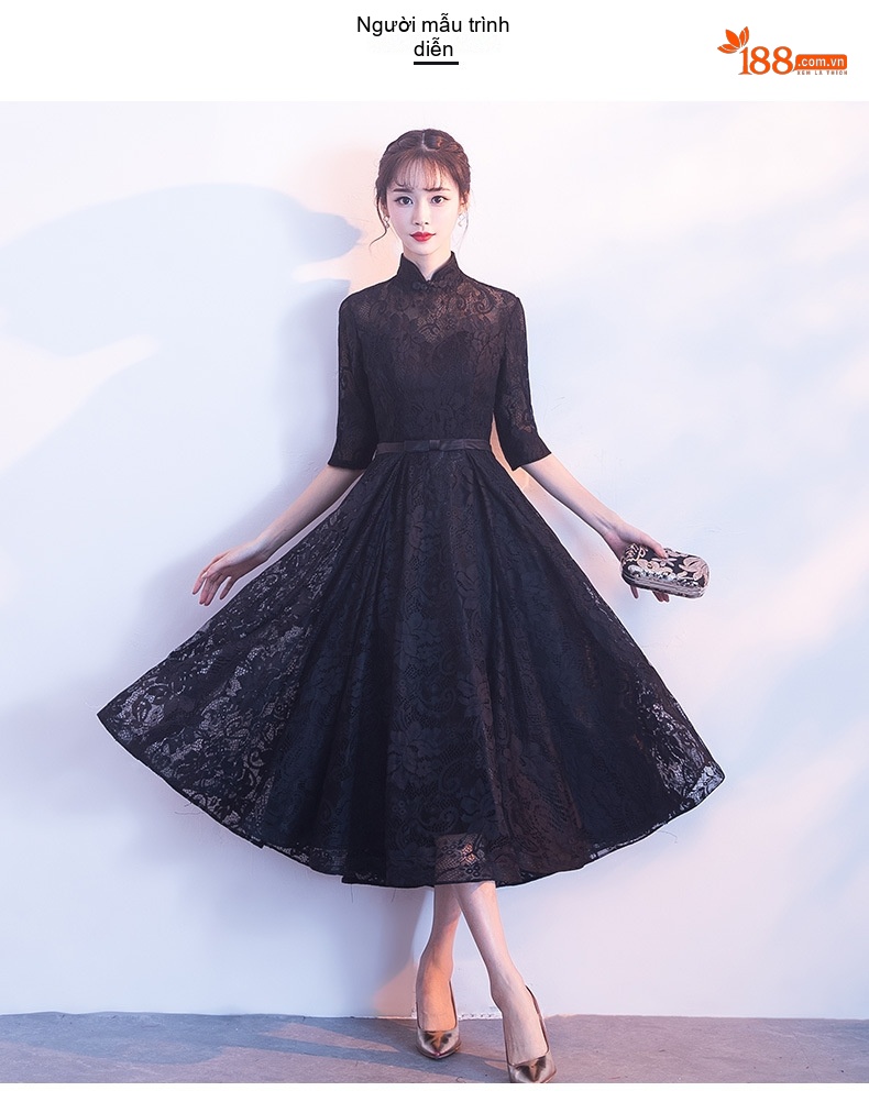 Đầm Dạ Hội Lưới Ren dáng chữ A Cổ Tàu Tay Lỡ Thanh Lịch Trang Trọng Màu Đen chi tiết 5