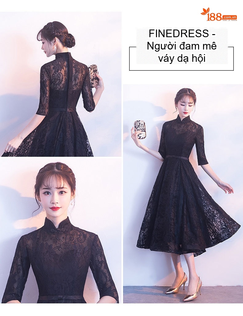 Đầm Dạ Hội Lưới Ren dáng chữ A Cổ Tàu Tay Lỡ Thanh Lịch Trang Trọng Màu Đen chi tiết 1