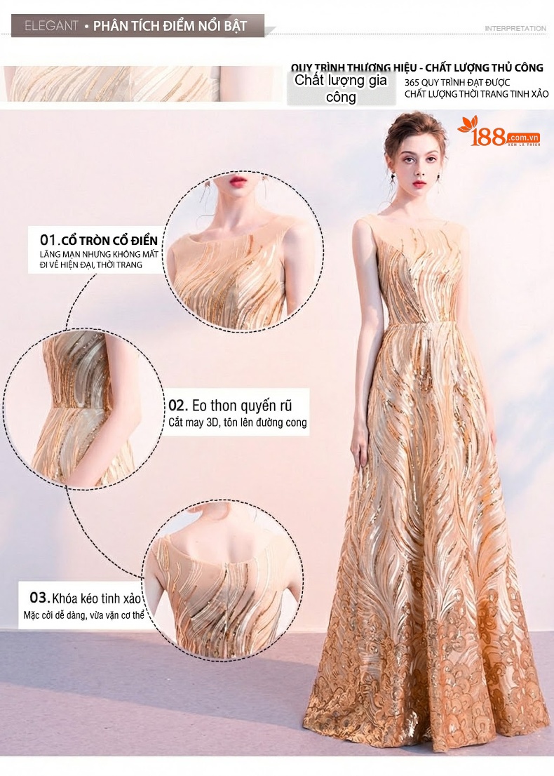 Đầm Dạ Hội Nữ Dáng Dài Lấp Lánh Sang Trọng Màu Vàng Gold chi tiết 4